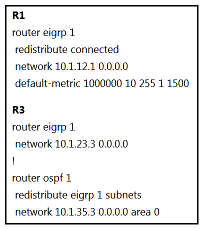     Refer to the exhibits. To provide reachability to network 10.1.1.0/24 from R5, the network administrator redistributes EIGRP into OSPF on R3 but notices that R4 is now taking a suboptimal path through R5 to reach 10.1.1.0/24 network. Which action fixes the issue while keeping the reachability from R5 to 10.1.1.0/24 network? A)  Change the administrative distance of the external EIGRP to 90. B)  Apply the outbound distribution list on R5 toward R4 in OSPF. C)  Change the administrative distance of OSPF to 200 on R5. D)  Redistribute OSPF into EIGRP on R4.