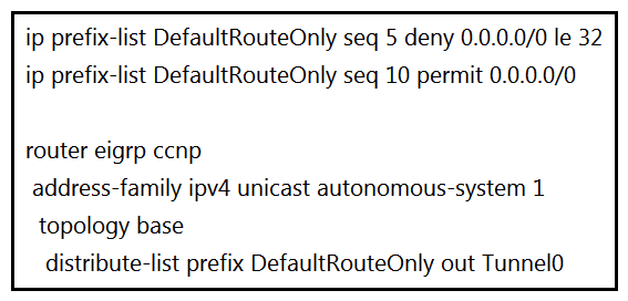   Refer to the exhibit. The administrator configured route advertisement to a remote low resources router to use only the default route to reach any network but failed. Which action resolves this issue? A)  Remove the prefix keyword from the distribute-list command. Remove the prefix keyword from the distribute-list command. B)  Remove the line with the sequence number 10 from the prefix list. C)  Change the direction of the distribute-list command from out to in. Change the direction of the command from out to in. D)  Remove the line with the sequence number 5 from the prefix list.