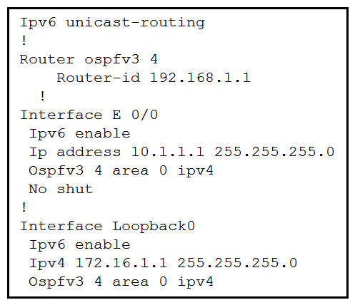   Refer to the exhibit. The network administrator configured the branch router for IPv6 on the E 0/0 interface. The neighboring router is fully configured to meet requirements, but the neighbor relationship is not coming up. Which action fixes the problem on the branch router to bring the IPv6 neighbors up? A)  Disable OSPF for IPv4 using the no ospfv3 4 area 0 ipv4 command under the E 0/0 interface. Disable OSPF for IPv4 using the no ospfv3 4 area 0 ipv4 command under the E 0/0 interface. B)  Enable the IPv4 address family under the router ospfv3 4 process by using the address-family ipv4 unicast command. Enable the IPv4 address family under the router ospfv3 4 process by using the address-family ipv4 unicast command. C)  Disable IPv6 on the E 0/0 interface using the no ipv6 enable command. Disable IPv6 on the E 0/0 interface using the no ipv6 enable D)  Enable the IPv4 address family under the E 0/0 interface by using the address-family ipv4 unicast command. Enable the IPv4 address family under the E 0/0 interface by using the