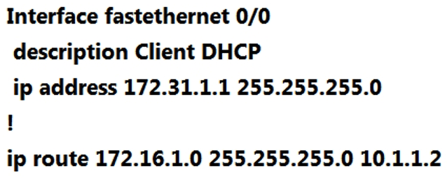   Refer to the exhibit. The DHCP client is unable to receive an IP address from the DHCP server. RouterB is configured as follows:   Which command is required on the fastethernet 0/0 interface of RouterB to resolve this issue? A)  RouterB(config-if ) #ip helper-address 172.16.1.1 RouterB(config-if ) #ip helper-address 172.16.1.1 B)  RouterB(config-if ) #ip helper-address 255.255.255.255 ) #ip helper-address 255.255.255.255 C)  RouterB(config-if ) #ip helper-address 172.16.1.2 ) #ip helper-address 172.16.1.2 D)  RouterB(config-if ) #ip helper-address 172.31.1.1 ) #ip helper-address 172.31.1.1