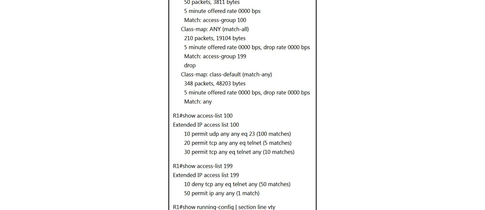  Refer to the exhibit. Which two actions restrict access to router R1 by SSH? (Choose two.)  A)  Remove class-map ANY from service-policy CoPP. B)  Configure transport output ssh on line vty and remove sequence 20 from access list 100. C)  Configure transport input ssh on line vty and remove sequence 30 from access list 100. D)  Remove sequence 10 from access list 100 and add sequence 20 deny tcp any any eq telnet to access list 199. E)  Configure transport output ssh on line vty and remove sequence 10 from access list 199.