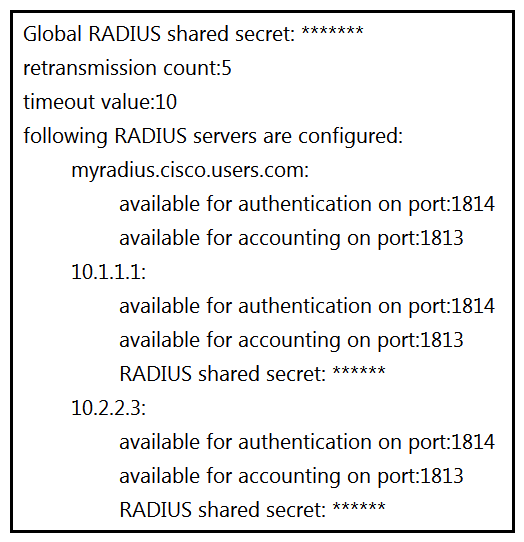   Refer to the exhibit. AAA server 10.1.1.1 is configured with the default authentication and accounting settings, but the switch cannot communicate with the server. Which action resolves this issue? A)  Correct the timeout value. B)  Match the authentication port. C)  Correct the shared secret. D)  Match the accounting port.