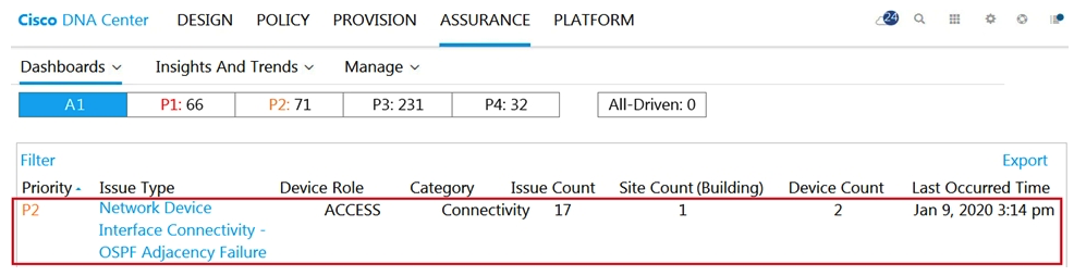   Refer to the exhibit. A network administrator is using the DNA Assurance Dashboard panel to troubleshoot an OSPF adjacency that failed between Edge_NYC Interface GigabitEthernet1/3 with Neighbor Edge_SNJ. The administrator observes that the neighborship is stuck in the exstart state. How does the administrator fix this issue? A)  Configure to match the OSPF interface network types on both routers. B)  Configure to match the OSPF interface speed and duplex settings on both routers. C)  Configure to match the OSPF interface MTU settings on both routers. D)  Configure to match the OSPF interface unique IP address and subnet mask on both routers.