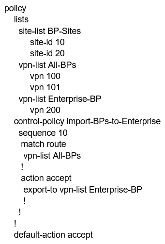 When the VPN membership policy is being controlled at the vSmart controller, which policy disallows VPN 1 at sites 20 and 30? A)    B)    C)    D)   