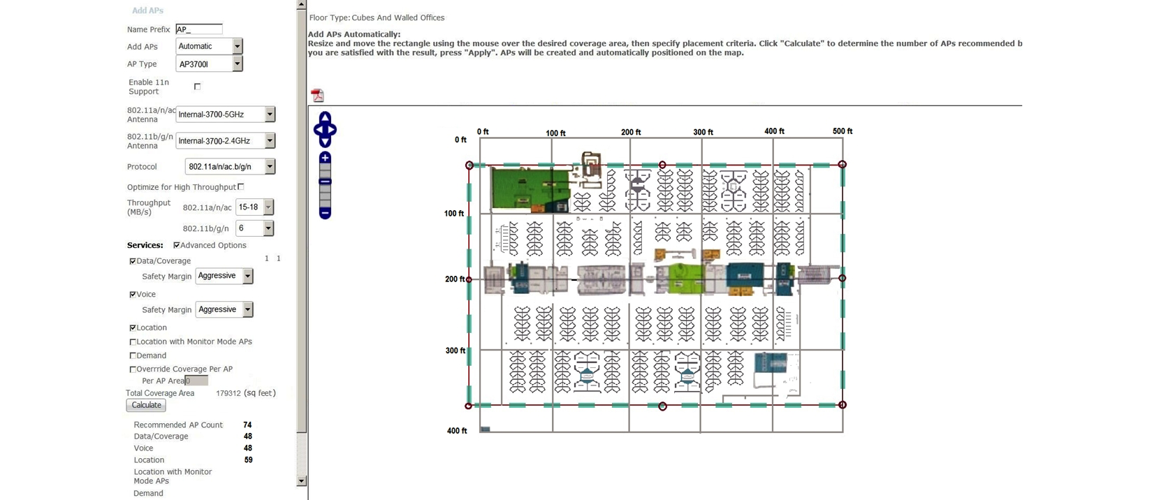 Refer to the exhibit. Which two statements about Cisco Prime Infrastructure are true? (Choose two.)    A)  Controllers must be synchronized with Cisco Prime Infrastructure for planning mode to work. B)  It shows the map editor feature in Cisco Prime Infrastructure. C)  It presents the recommended number of APs for the selected coverage area based on the selections made. D)  Planning mode requires a special license in Cisco Prime Infrastructure. E)  It shows the planning mode feature in Cisco Prime Infrastructure.