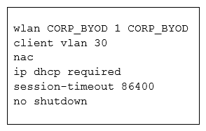 Refer to the exhibit.   A network engineer must configure a WLAN on a Cisco IOS-XE controller to support corporate devices (using VLAN 30)  and BYOD (using VLAN 40)  on the same secure SSID. The security team has built an ISE deployment to be used for VLAN assignment and to restrict access based on policy and posture compliance. Given the existing WLAN configuration, which configuration change must be made? A)  remove ip dhcp required remove ip dhcp required B)  Add aaa-override Add aaa-override C)  Remove nac Remove nac D)  Add mac-filtering default mac-filtering default