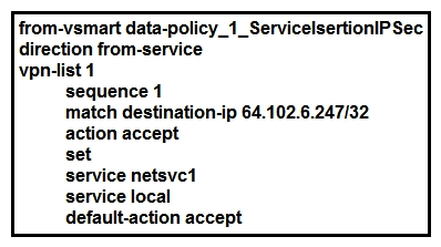   Refer to the exhibit. Which configuration configures IPsec tunnels in active and standby? A)  vpn 1 service netsvc1 interface ipsec1 ipsec2 from-vsmart lists vpn-list 1 B)  vpn 0 from-vsmart lists vpn-list 0 C)  vpn-list 1           count ServicePSec1_275676046 D)           count ServicePSec1_275676046