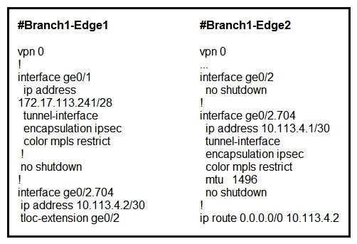   Refer to the exhibit. Which configuration change is needed to configure the tloc-extension on Branch1-Edge1? A)    B)    C)    D)   