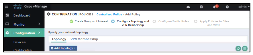   Refer to the exhibit. An administrator is configuring a policy in addition to an existing hub-and-spoke policy for two sites that should directly communicate with each other. How is this policy configured? A)  mesh B)  custom control (route and TLOC)  C)  hub-and-spoke D)  import existing topology