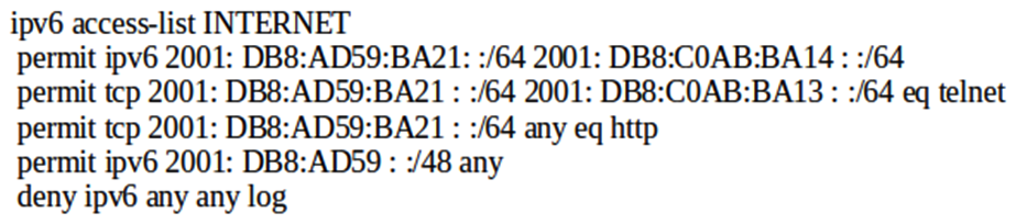 Refer to the exhibit.   Which statement about the INTERNET ACL is true? A)  The denied entries will be logged because of the explicit deny ipv6 any any log line. B)  A packet with a source address of 2001:DB8:AD59:ACC0:2020:882:DB8:1125 will be denied. C)  HTTPS traffic from the 2001:DB8:AD59:BA21::/64 subnet will automatically be permitted along with HTTP traffic. D)  A packet with a source address of 2001:DB80:AD59:BA21:101:CAB:64:38 destined to port 80 will be permitted.
