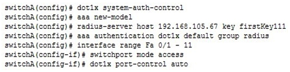 You have executed the following commands on switchA:   What is the result of executing the given commands? (Choose two.)  A)  Only the listed RADIUS server is used for authentication B)  802.1X authentication is enabled on the Fa0/1 interface only C)  The key for the RADIUS server is firstKey111 D)  AAA is not enabled on the switch