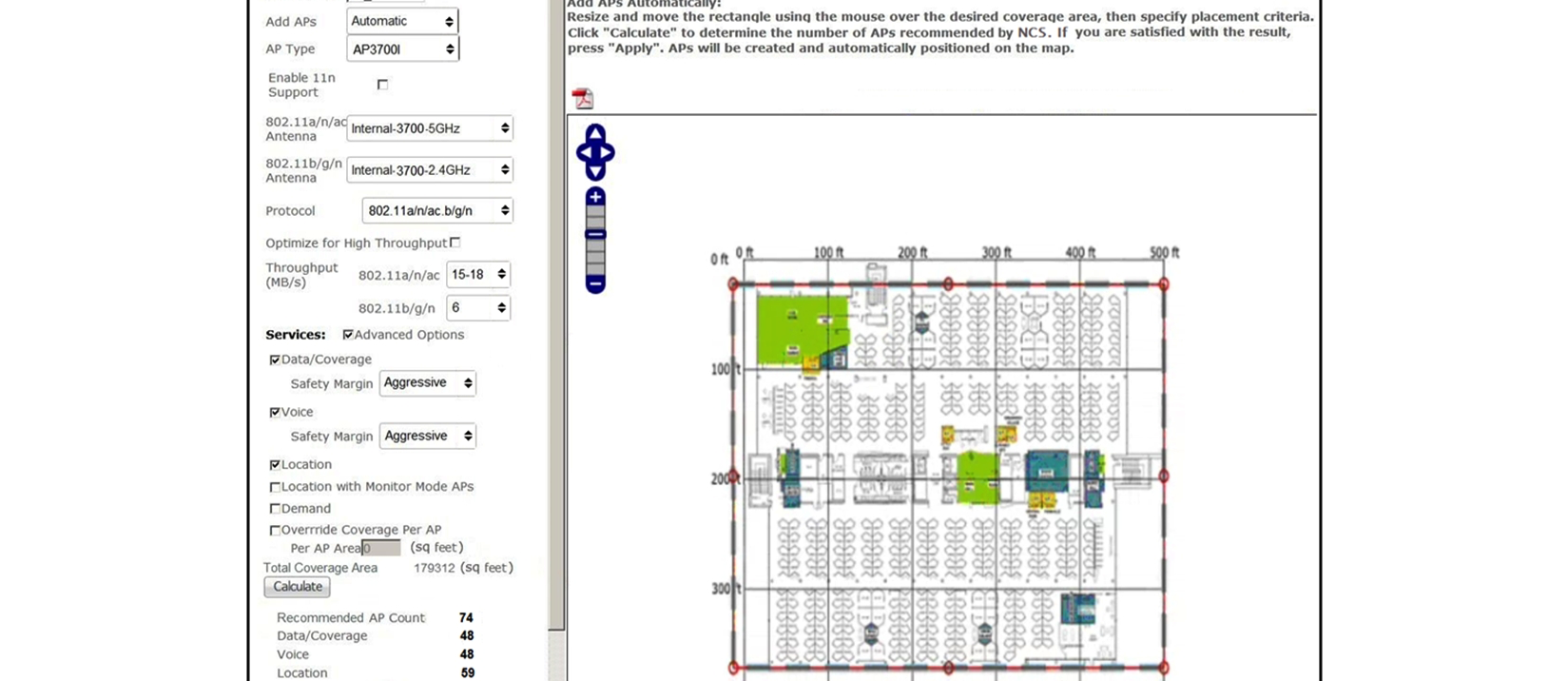   Refer to the exhibit. Which two statements about Cisco Prime Infrastructure are true? (Choose two.)  A)  It presents the recommended number of APs for the selected coverage area based on the selections made. B)  Planning mode requires a special license in Cisco Prime Infrastructure. C)  It shows the map editor feature in Cisco Prime Infrastructure. D)  Controllers must be synchronized with Cisco Prime Infrastructure for planning mode to work. E)  It shows the planning mode feature in Cisco Prime Infrastructure.