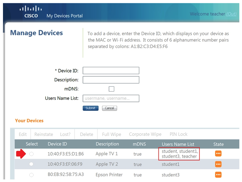 Refer to the exhibit.   You have a user who has a device that publishes its own service. What is the user doing from the My Devices Portal? A)  adding mapping between the MAC address and mDNS B)  configuring the mDNS service for a device C)  adding the device to the Cisco ISE device database D)  assigning exclusive access to a device or a user ID
