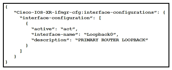  Refer to the exhibit. Which type of YANG container is described by the JSON instance provided? A)  interface-configurations B)  active C)  interface-name D)  description
