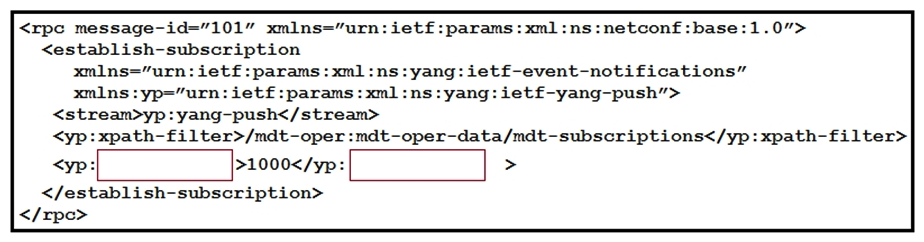   Refer to the exhibit. Which XML tag completes this NETCONF telemetry subscription with a Cisco IOS XE device? A)  crontab B)  cadence C)  frequency D)  period
