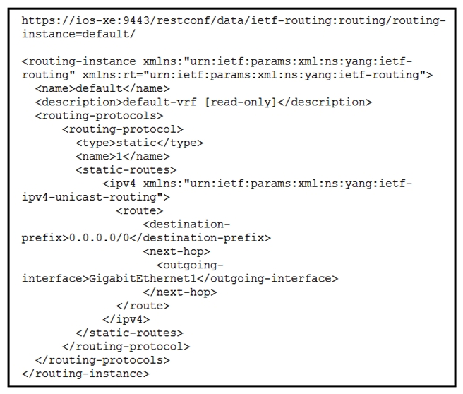   Refer to the exhibit. A RESTCONF GET request is sent to a Cisco IOS XE device. The base URL of the request and the response in XML format are shown in the exhibit. What is the YANG data node that is referenced in the response? A)  route is a leaf list B)  static-routes is a container C)  static-routes is a list D)  routing-instance is a container