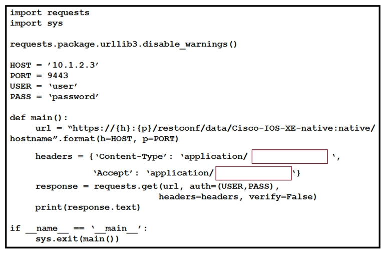   Refer to the exhibit. An engineer creates a Python script using RESTCONF to display hostname information. The code must be completed so that it can be tested. Which string completes the highlighted areas in the exhibit? A)  yang-data+json B)  yang +json C)  yang.data+json D)  json