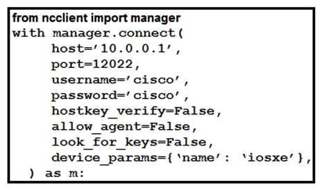   Refer to the exhibit. What is the correct ncclient method to use to collect the running configuration of a Cisco IOS XE device that uses NETCONF? A)  config=m.copy_config(source='running')  B)  config=m.get(source='running')  C)  config=m.collect_config(source='running')  D)  config=m.get_config(source='running') 