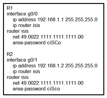   Refer to the exhibit. After you applied these configurations to routers R1 and R2, the two devices could not form a neighbor relationship. Which reason for the problem is the most likely? A)  The two routers cannot authenticate with one another. B)  The two routers have the same area ID. C)  The two routers have the same network ID. D)  The two routers have different IS-types.