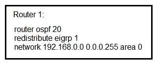   Refer to the exhibit. An engineer is troubleshooting an OSPF issue. Router 1 has a neighbor relationship with router 2. Only router 1 classful EIGRP routes can be seen on router 2. In order for all EIGRP routes to be redistributed correctly, which action should be taken? A)  Router 1 must have the keyword subnets included in the redistribution command for all EIGRP routes to be redistributed. Router 1 must have the keyword subnets included in the redistribution command for all EIGRP routes to be redistributed. B)  Router 1 must remove the AS number 1 from the redistribution command for all EIGRP routes to be redistributed. C)  Router 1 must have the keyword ospf-metric included in the redistribution command for all EIGRP routes to be redistributed. ospf-metric D)  Router 1 must have the keyword metric-type 1 included in the redistribution command for all EIGRP routes to be redistributed. metric-type 1 included in the redistribution command for all EIGRP routes to be redistributed.