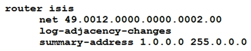   Refer to the exhibit. A network engineer applied configuration on R1 to summarize all ISIS routes, but R2 is still receiving specific routes from R1. The engineer has confirmed that both routers are configured with the correct summarization configuration, but R1 is not sending the correct summary routes. Which configuration must be applied to router R1 to summarize routes within Level 1? A)  R1(config-router) # no summary-address 1.0.0.0 255.0.0.0 level-1 R1(config-router) # no summary-address 1.0.0.0 255.0.0.0 level-1 B)  R1(config-router) # summary-address 1.0.0.0 255.0.0.0 level-2 summary-address 1.0.0.0 255.0.0.0 level-2 C)  R1(config-router) # summary-address 1.0.0.0 255.0.0.0 level-1-2 summary-address 1.0.0.0 255.0.0.0 level-1-2 D)  R1(config-router) # summary-address 1.0.0.0 255.0.0.0 level-1 summary-address 1.0.0.0 255.0.0.0 level-1