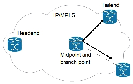   Refer to the exhibit. An engineer is implementing an MPLS P2MP TE solution. Which type of router can serve as the midpoint router and the tailend router in this P2MP TE network implementation? A)  headend B)  source C)  transit D)  bud