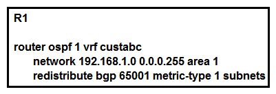   Refer to the exhibit. Which statement describes the result of this configuration? A)  R1 redistributes BGP routes into the OSPF process of VRF custabc as E1 routes. B)  R1 redistributes BGP routes into the OSPF process of VRF custabc as E2 routes. C)  R1 mutually redistributes routes between BGP 65001 and the OSPF process of VRF custabc. D)  R1 redistributes BGP routes into the OSPF process of VRF custabc as OIA routes.