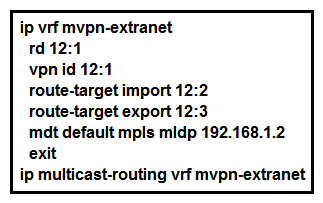   Refer to the exhibit. What is the effect of this configuration? A)  The mroute table is cleared. B)  Router 1 accepts multicast routes with a tag of 12:1 C)  A Cisco MPLS TE tunnel is generated with 192.168.1.2 as the source IP address of router 1. D)  An LSP virtual interface tunnel is created.