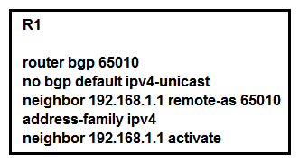   Refer to the exhibit. Which statement describes the result of this BGP configuration? A)  R1 operates using IPv4 and VPNv4 address families. B)  R1 operates on IPv6 only because the bgp default ipv4-unicast command is missing. R1 operates on IPv6 only because the bgp default ipv4-unicast command is missing. C)  R1 establishes a VPNv4 eBGP relationship with neighbor 192.168.1.1. D)  R1 establishes an iBGP relationship with peer 192.168.1.1.
