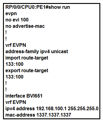   Refer to the exhibit. A network operator is implementing EVPN IRB on PE1. Which two command placements enable the advertisement of Type 2 routes and what information do Type 2 routes contain? (Choose two.)  A)  The operator adds in  host-routing  under the VRF EVPN. B)  Type 2 routes contain MAC/IP information. C)  Type 2 routes contain Ethernet Auto-Discovery information. D)  The operator adds in  host-routing  under the BVI651 interface. E)  Type 2 routes contain inclusive source-specific multicast route information.