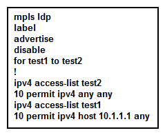 Referring to the Cisco IOS XR configuration exhibit,   which labels will be advertised by the router with this configuration? A)  Only the label for 10.1.1.1/32 will be advertised to all the LDP peers. B)  Labels for all prefixes will be advertised to the 10.1.1.1 LDP peer. C)  Labels for all prefixes will be advertised to all the LDP peers. D)  No labels will be advertised to any LDP peers.