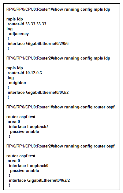 Refer to the partial Cisco IOS XR configurations exhibit for Router 1 and Router 2.   There are two routers that are connected back to back over the Gigabit Ethernet link. If the  show mpls ldp neighbor  command output on Router 1 does not show LDP peering with Router 2, what could be the possible root cause of the LDP peering problem? A)  missing interface under OSPF IGP configuration B)  hello timers mismatch on Router 1 and Router 2 C)  password for LDP session mismatch on Router 1 and Router 2 D)  MPLS LDP session protection is not configured