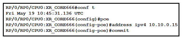   Refer to the exhibit. XTC has been configured by an engineer. What does the IPv4 address represent on the snippet? A)  local address of the router on which it listens for PCEP B)  configured for the local peer for state synchronization C)  destination address of the router on which it listens for PCEP D)  configured for the remote peer for state synchronization