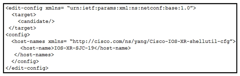  Refer to the exhibit. After this operation, what else is needed to change the hostname of the router to IOS-XR-SJC-19? A)  <confirm> B)  <close-session> C)  <get-config> D)  <commit>
