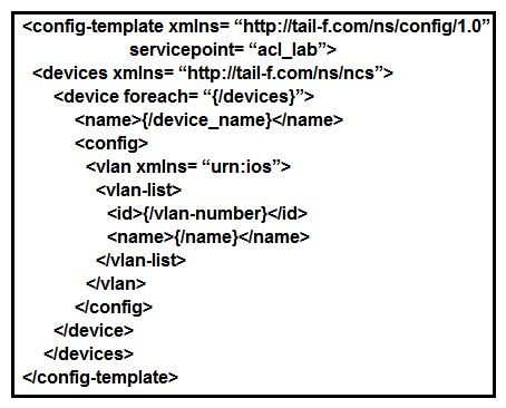   Refer to the exhibit. An engineer updated the skeleton template. How can a device be entered into the YANG Model? A)  Modify the device instance of the device by referencing the acl_lab variable from our YANG model. B)  Deploy a service instance that configures a VLAN of all of the devices present in Cisco NSO. C)  Deploy a service instance that configures a VLAN of a list of devices referenced to the service YANG model. D)  Modify the device instance by referencing the device variable from our YANG model.
