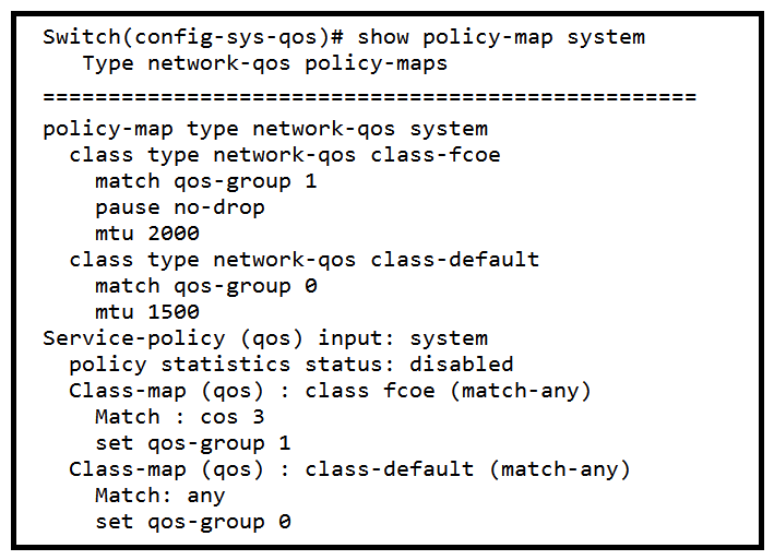 Refer to the exhibit.   The FCoE packets fail to be forwarded through the switch. What is the minimum MTU QoS requirement for the FCoE to work? A)  9000 bytes B)  2000 bytes C)  2158 bytes D)  2240 bytes