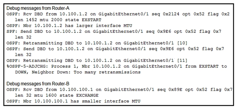   Refer to the exhibit. An OSPF adjacency between Router-A and Router-B fails to reach the FULL state. Which action resolves the issue? A)  Adjust the MTU on Router-A to 1600. B)  Disable the check of the MTU value. C)  Set the OSPF media type to point-to-point. D)  Adjust the MTU on Router-B to 1604.