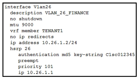  Refer to the exhibit. The HSRP configuration in the exhibit fails to function. Which action resolves this issue? A)  Enable IP redirects. B)  Set the MTU to 1500 bytes. C)  Configure HSRP version 2. D)  Configure the same HSRP group on both devices.
