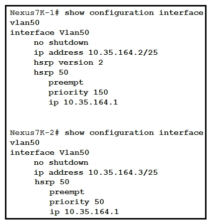   Refer to the exhibit. HSRP adjacency fails to form between Nexus7K-1 and Nexus7K-2. Which action should be taken to solve the problem? A)  Configure preempt on one of the switches in the HSRP group. B)  Configure the same HSRP priority between the two switches. C)  Configure the correct subnet mask on Nexus7K-1. D)  Configure HSRP version 2 on Nexus7K-2.