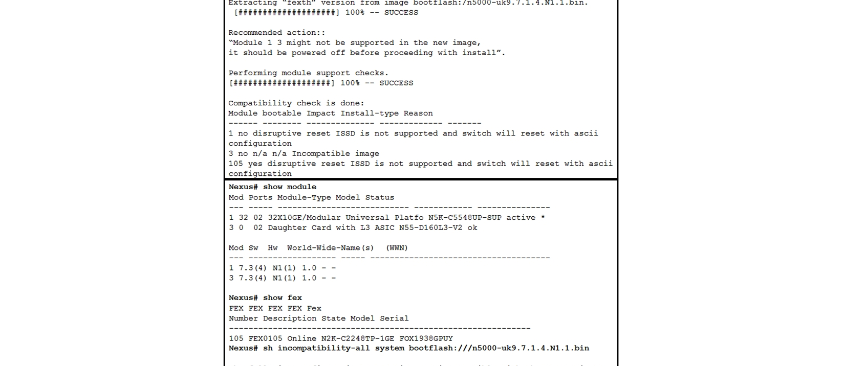   Refer to the exhibits. A switch is downgraded to an earlier release because of a problem with the current release. After the switch is downgraded, it cannot forward traffic. Which action resolves the issue? A)  Enable ISSD after the downgrade is complete. B)  Roll back to the original image. C)  Reload the switch. D)  Shut and no shut the interfaces to the FEX.