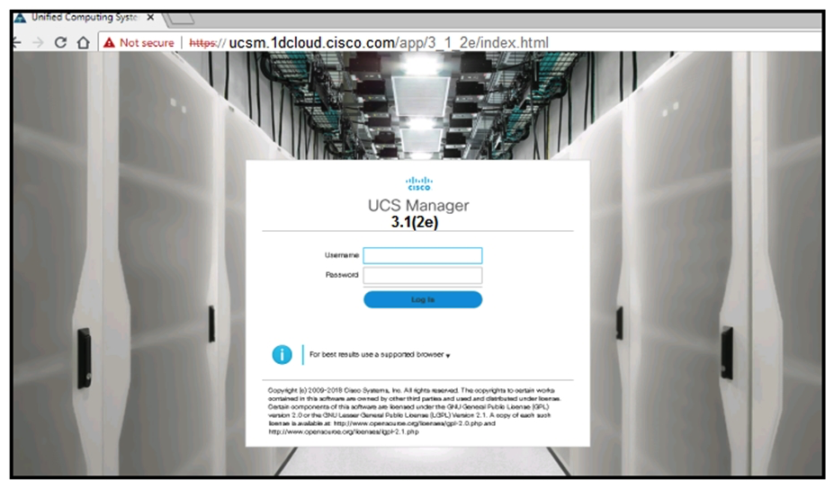   Refer to the exhibit. A web browser displays a  not secure  warning message when accessing the web interface of Cisco UCS Manager. Which action resolves the issue? A)  Load third-party certificate to UCS Manager. B)  Use the correct TCP port for HTTPS. C)  Use a supported web browser. D)  Use a supported version of UCS Manager.