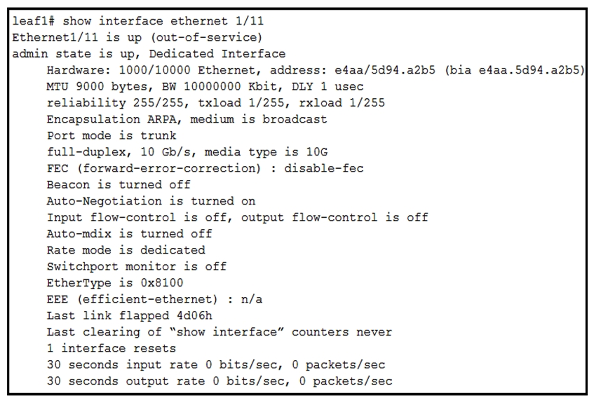   Refer to the exhibit. An engineer is performing a health check on ACI. Which statement about interface Ethernet 1/11 is true? A)  The interface is working correctly and fully operational, but it is not in use. B)  The interface policy is misconfigured. C)   out-of-service  is the default interface status in ACI. D)   out-of-service  indicates that no service graph is in use for this interface.