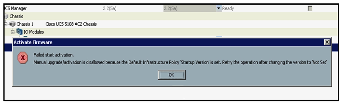   Refer to the exhibit. Cisco UCS Manager is upgraded using the Auto Install feature, but the FSM fails. Which action resolves the issue? A)  Acknowledge the primary fabric interconnect. B)  Remove the service pack from the subordinate fabric interconnect. C)  Clear the startup version of the default infrastructure pack. D)  Use the force option to upgrade the infrastructure firmware.