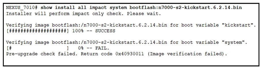   Refer to the exhibit. An upgrade operation fails with an error displayed. Which action resolves the issue? A)  Use a different system image. B)  Allocate extra space on a flash drive to extract a system image. C)  Use a different kickstart image. D)  Allocate extra space on a flash drive to extract a kickstart image.