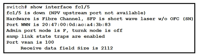   Refer to the exhibit. Interface fc1/5 is offline. Which action should be taken to troubleshoot the issue? A)  Activate the correct zoneset for VSAN 100. B)  Update the FLOGI database to contain the FLOGI entries for interface fc1/5 in VSAN 100. C)  Update the FCNs database to contain names for VSAN 100. D)  Configure the upstream ports and the server ports to be in VSAN 100.