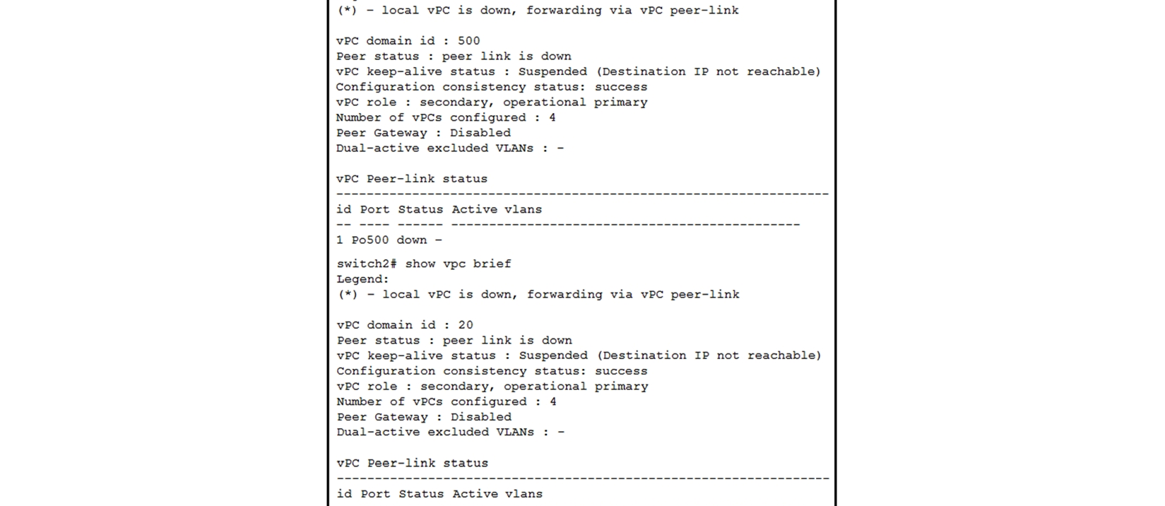   Refer to the exhibit. The vPC between switch1 and switch2 does not work. Which two actions resolve the problem? (Choose two.)  A)  Match the vPC domain ID between the two devices. B)  Configure the IP address on the interface. C)  Activate VLANs on the vPC. D)  Correct the configuration of the vPC peer link and the vPC peer keepalive. E)  Configure one of the switches as primary for the vPC.