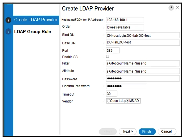   Refer to the exhibit. A network engineer configures an authentication domain through an LDAP provider on the Cisco UCS Manager for users from different companies to log into their respective organizations created in the UCS Manager. The engineer tests the configuration and notices that any user has login access to any organization in the UCS Manager. Which action should be taken to resolve the issue? A)  Configure the Filter field with sAMAccountName=$company B)  Configure the Attribute field with the company C)  Configure the Attribute field with sAMAccountName=$company D)  Configure the Filter field with the company