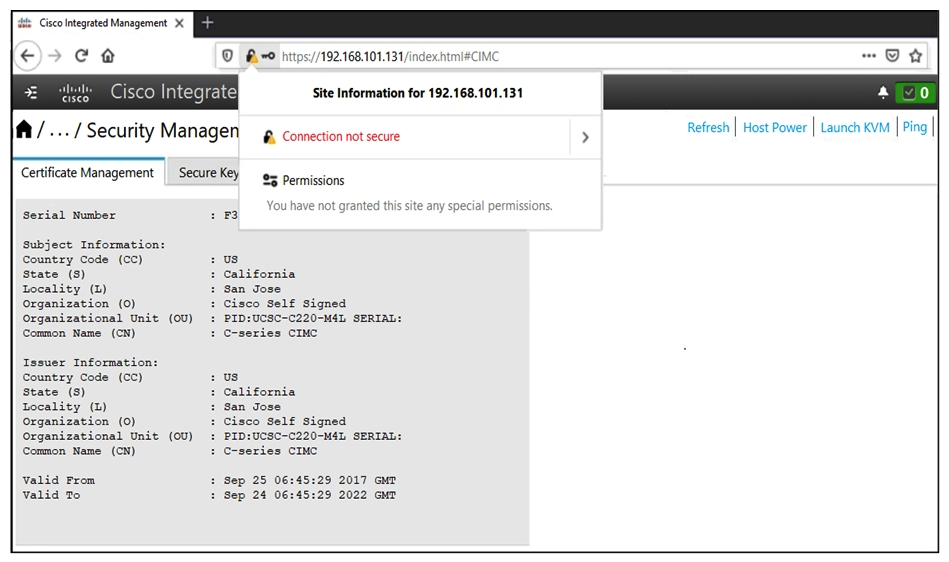   Refer to the exhibit. An engineer cannot log in to the Cisco IMC page of the Cisco UCS C220 server. Which action resolves the issue? A)  Use the FQDN of the Cisco IMC webpage login page instead of the IP address for the connection to be secure. B)  Replace the self-signed certificate that is installed on the Cisco IMC with a user certificate that is signed from the client corporate certificate authority. C)  Use the DNS of the Cisco IMC webpage login page instead of the IP address for the connection to be secure. D)  Replace the self-signed certificate that is installed on the Cisco IMC with a server certificate that is signed from the client corporate certificate.