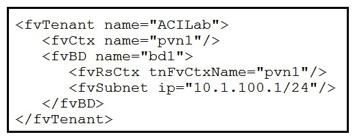   Refer to the exhibit. Which two objects are created as a result of the configuration? (Choose two.)  A)  application profile B)  attachable AEP C)  bridge domain D)  endpoint group E)  VRF