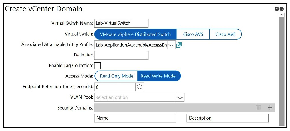  Refer to the exhibit. An engineer is integrating a VMware vCenter with Cisco ACI VMM domain configuration. ACI creates port-group names with the format of  Tenant | Application | EPG . Which configuration option is used to generate port groups with names formatted as  Tenant=Application=EPG ? A)  enable tag collection B)  security domains C)  delimiter D)  virtual switch name